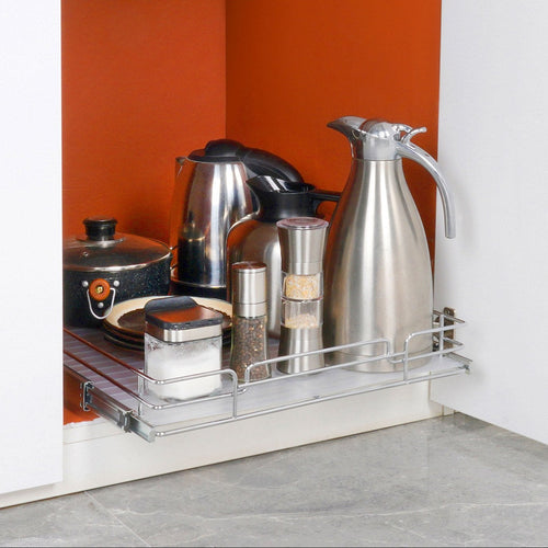 Kitchen cabinet with a pull-out organizer containing kitchen items, featuring Vevor branding.